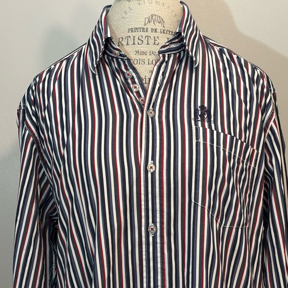 Fellows League of Legends Navy Striped Button Up Shirt Long Sleeves Size L